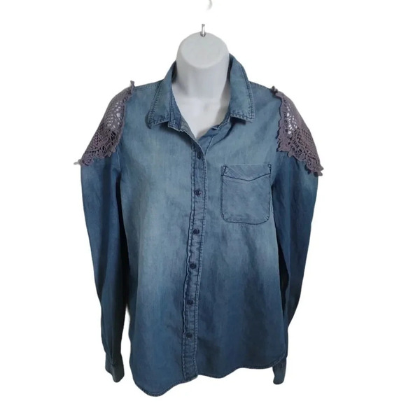 Hippie Laundry Blue Denim Shirt, Cold  Shoulder, M - Picture 1 of 7